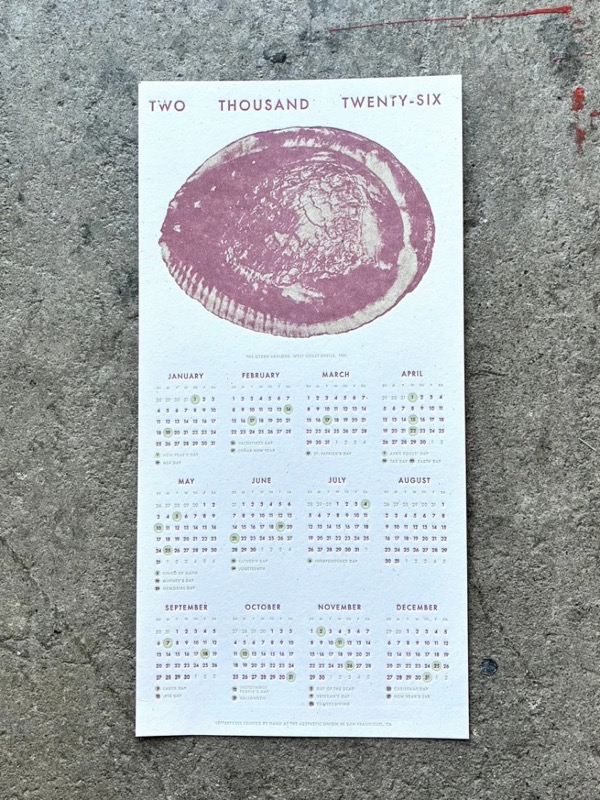 Letterpress 2026 abalone calendar