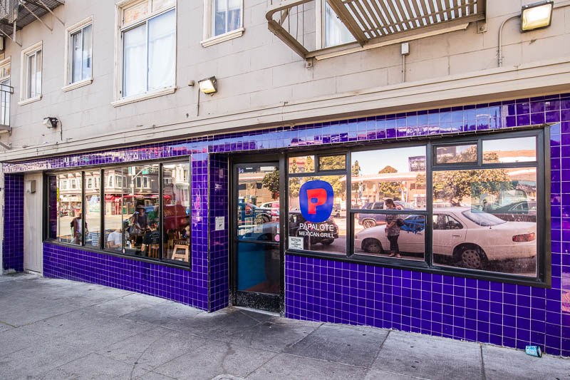 Papalote Mexican Grill purple-tiled storefront in the Mission